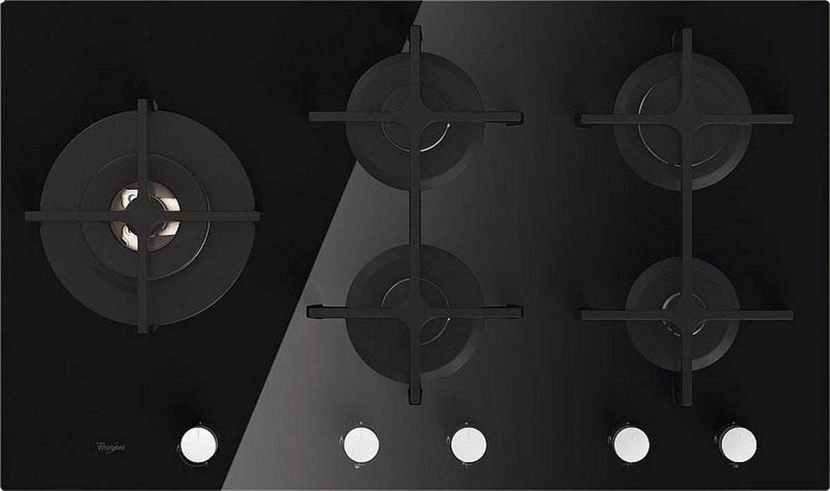 Whirlpool Gaskookplaat | Model GOA9523NB | Gas-op-Glas | 5 kookzones | 86 cm | Spiegelglas