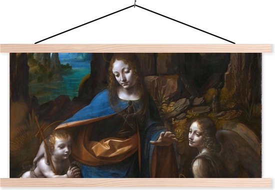 Posterhanger incl. Poster - Schoolplaat - Maagd op de rotsen - Leonardo da Vinci - 150x75 cm - Blanke latten