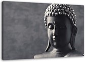 Trend24 - Canvas Schilderij - Boeddha Op Een Grijze Achtergrond - Schilderijen - Oosters - 90x60x2 cm - Grijs