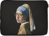 Laptophoes 13 inch - Meisje met de parel - Vermeer - Bril - Laptop sleeve - Binnenmaat 32x22,5 cm - Zwarte achterkant