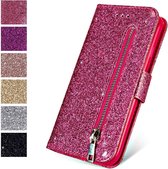 iPhone 12 / 12 Pro Glitter Bookcase met rits - hoesje - portemonneehoesje - Roze