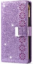 iPhone 13 Pro Max Luxe Glitter Book Case Hoesje met Koord - Bloemenpatroon - Magnetische Sluiting - Portemonnee met Rits - Pasjeshouder - Apple iPhone 13 Pro Max - Paars