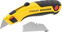 Stanley FatMax uitschuifbaar mes in geel en zwart met reservemessen. Het mes heeft een rode knop en een zwarte schuifregelaar.