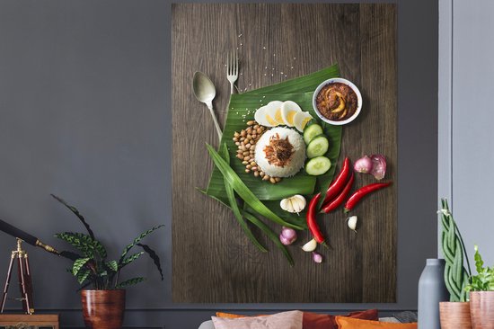 Stickers Stickers muraux - Vue de dessus de la nourriture nasi lemak de la cuisine malaisienne - 120x160 cm - Feuille adhésive XXL