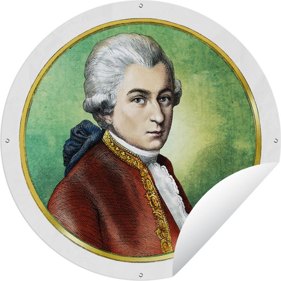 Tuincirkel Kleurrijk portret van Wolfgang Amadeus Mozart - 90x90 cm - Ronde Tuinposter - Buiten