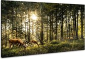 Schilderij -Herten in het Bos, 100x70cm. Premium print