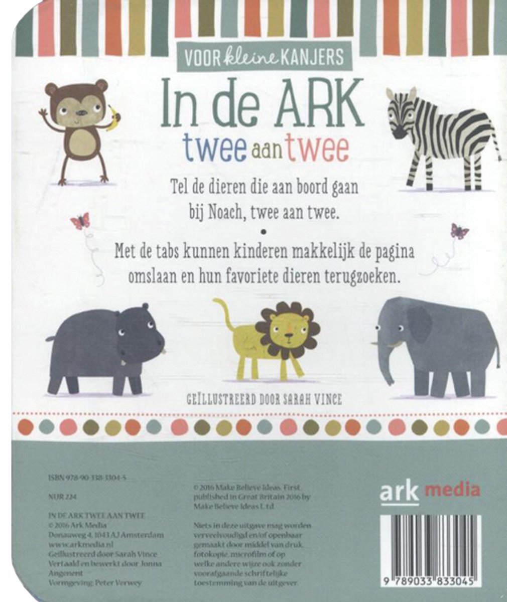 Rug van het boek 'In de ARK twee aan twee' met illustraties van een aap, zebra, nijlpaard, leeuw en olifant.