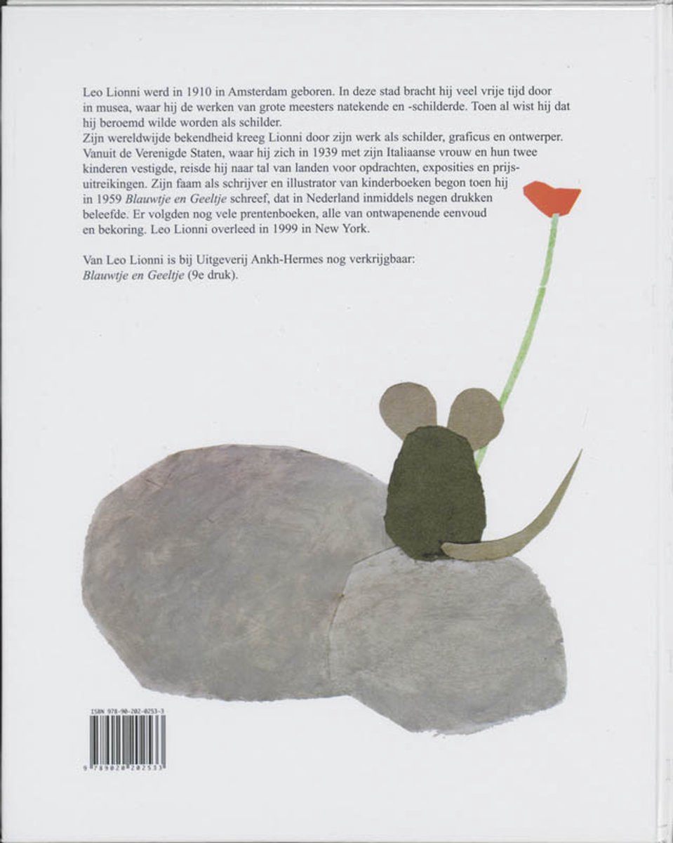 Achterkant van het boek "Frederick" van Leo Lionni, met tekst over de auteur en vertaler Harriet Laurey.