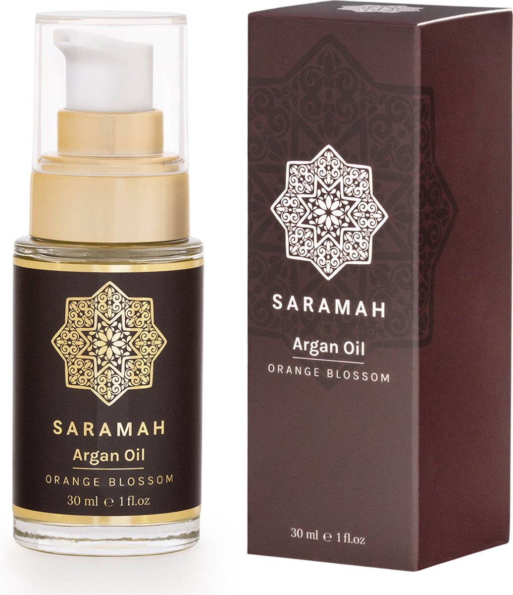 SARAMAH® Arganolie & Oranjebloesem 30 ml - Voor haar, huid en gezicht - Puur & Biologisch - EU Bio Keurmerk - Hydraterend, voedend en herstellend - Rijk aan omega 3 en 6, vitamine E en F - Marokkaanse Arganolie - Moroccan Argan Oil - NL-BIO-01