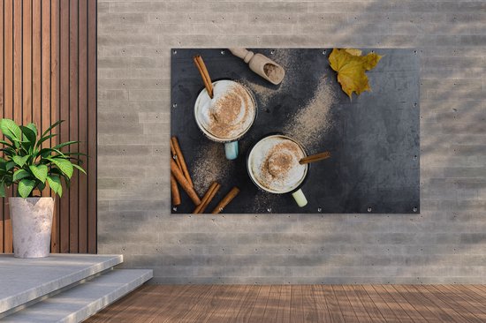 Une vue aérienne du café automnal servi avec affiche de jardin cannelle 180x120 cm - Toile de jardin / Toile d'extérieur / Peintures d'extérieur (décoration de jardin) XXL / Groot format!