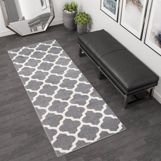 Tapiso Sky Vloerkleed Woonkamer Slaapkamer Lichtgrijs Marokkaanse Trellis Design Korte Pool Vintage Woonsfeer Duurzaam Hoogwaardig Tapijt Maat - 180 x 250 cm
