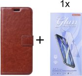 Bookcase Geschikt voor: Xiaomi Mi 10T / 10T Pro 5G - Bruin - portemonnee hoesje met 1 stuk Glas Screen protector