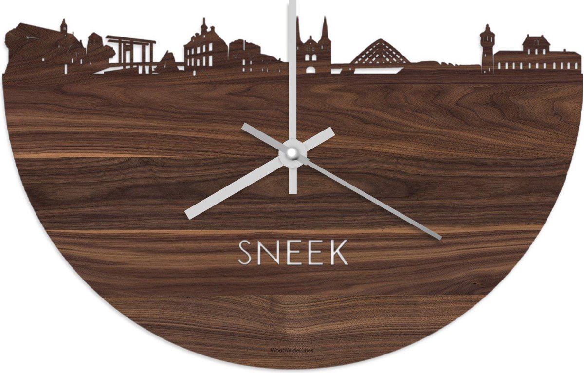 Skyline Klok Sneek Notenhout - Ø 40 cm - Stil uurwerk - Wanddecoratie - Meer steden beschikbaar - Woonkamer idee - Woondecoratie - City Art - Steden kunst - Cadeau voor hem - Cadeau voor haar - Jubileum - Trouwerij - Housewarming - WoodWideCities