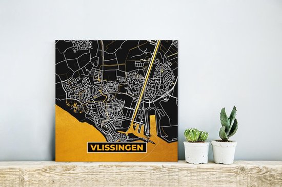Décoration murale Métal - Aluminium Peinture Industrielle - Plan de la ville - Vlissingen - Or - Zwart - 20x20 cm - Dibond - Photo sur aluminium - Décoration murale industrielle - Pour le salon / chambre