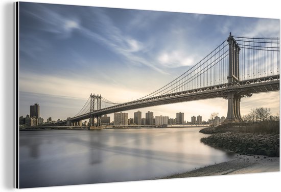 Wanddecoratie Metaal - Aluminium Schilderij Industrieel - New York - Rivier - Bridge - 40x20 cm - Dibond - Foto op aluminium - Industriële muurdecoratie - Voor de woonkamer/slaapkamer