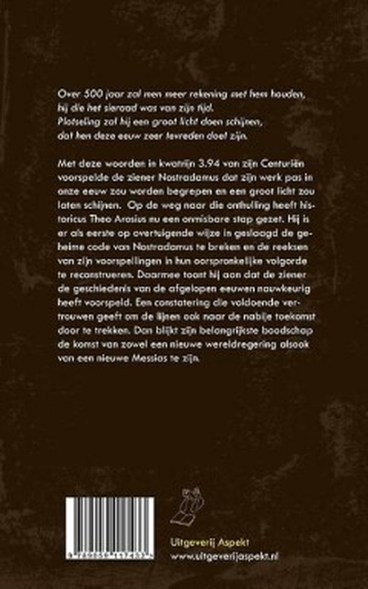 Achterkant boek "Het geheim van Nostradamus". Illustratie van een cirkel met tekst.