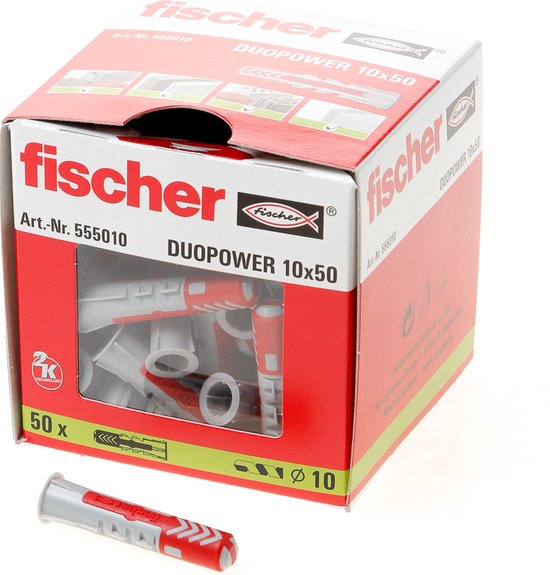 Doos Fischer Duopower 10x50mm pluggen, 50 stuks, met een losse plug.