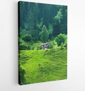Onlinecanvas - Schilderij - Houten Huis Omgeven Door Groene Bomen Art Verticaal Vertical - Multicolor - 80 X 60 Cm
