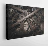 Een achtergrond van een gedetailleerde weergave van tandwielen van een machine. - Moderne kunst canvas - Horizontaal - 624644915 - 115*75 Horizontal