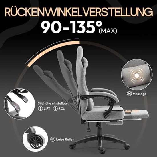 Ergonomische Gamingstoel met Massagesteun en Voetensteun - Geschikt voor Gamer en Kantoor, Maximaal 150 kg, Grijs — afbeelding 4