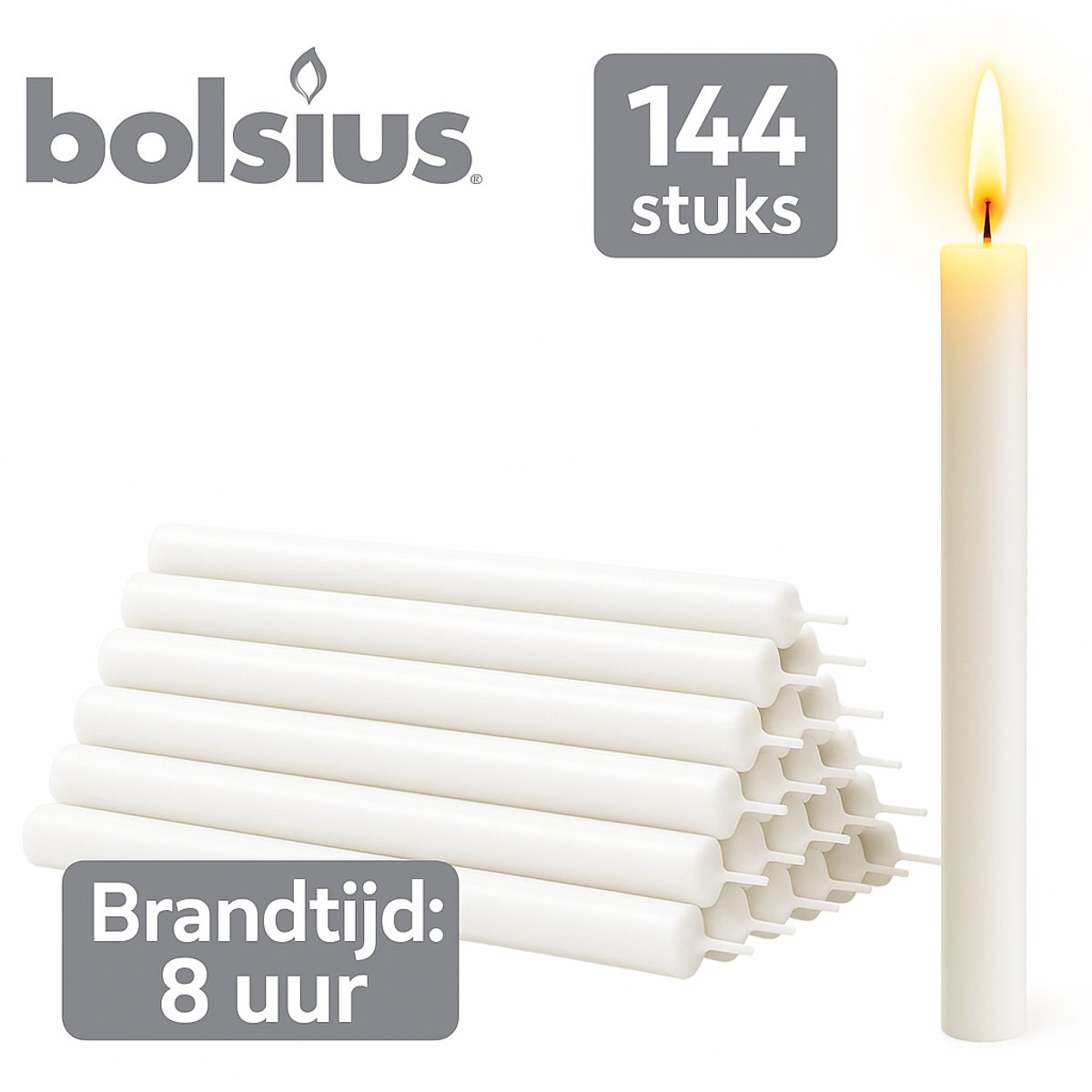 Bolsius Set van 144 stuks - Dinnerkaarsen 180 × 22 mm – Wit – ± 8 uur brandtijd – Klassieke tafelkaarsen in bulkverpakking