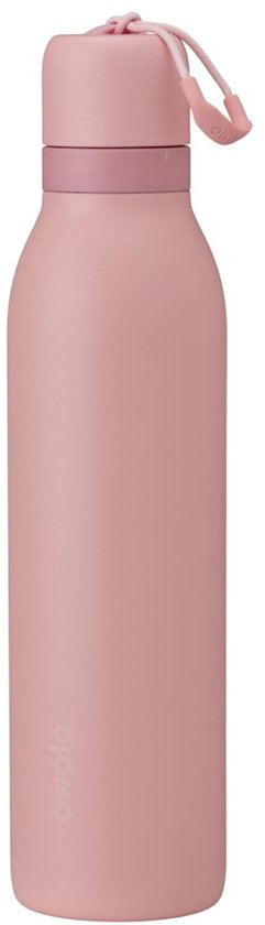 Roze Owala FreeSip thermosfles van 710ml met draaglus en roze dop.