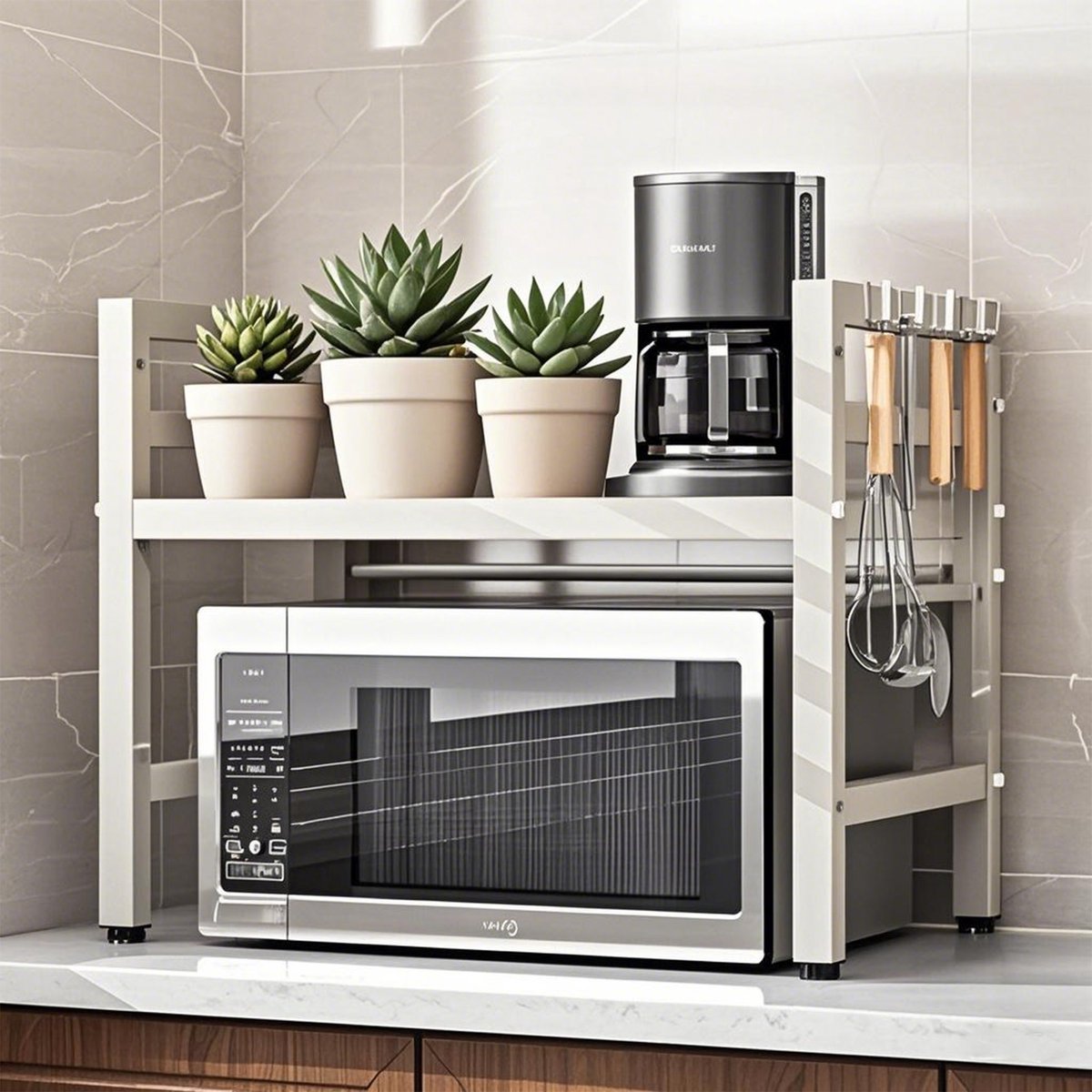 CHIWIN Magnetron Rek Wit Uitschuifbaar 40-64cm - Keuken Magnetronkast met 6 Haken - Opbergrek voor Magnetron Verstelbare Hoogte 32/42cm - Koolstofstaal - 30kg Draagvermogen - voor Magnetrons, Airfryers, Oven