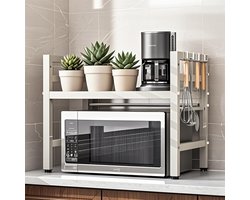CHIWIN Magnetron Rek Wit Uitschuifbaar 40-64cm - Keuken Magnetronkast met 6 Haken - Opbergrek voor Magnetron Verstelbare Hoogte 32/42cm - Koolstofstaal - 30kg Draagvermogen - voor Magnetrons, Airfryers, Oven