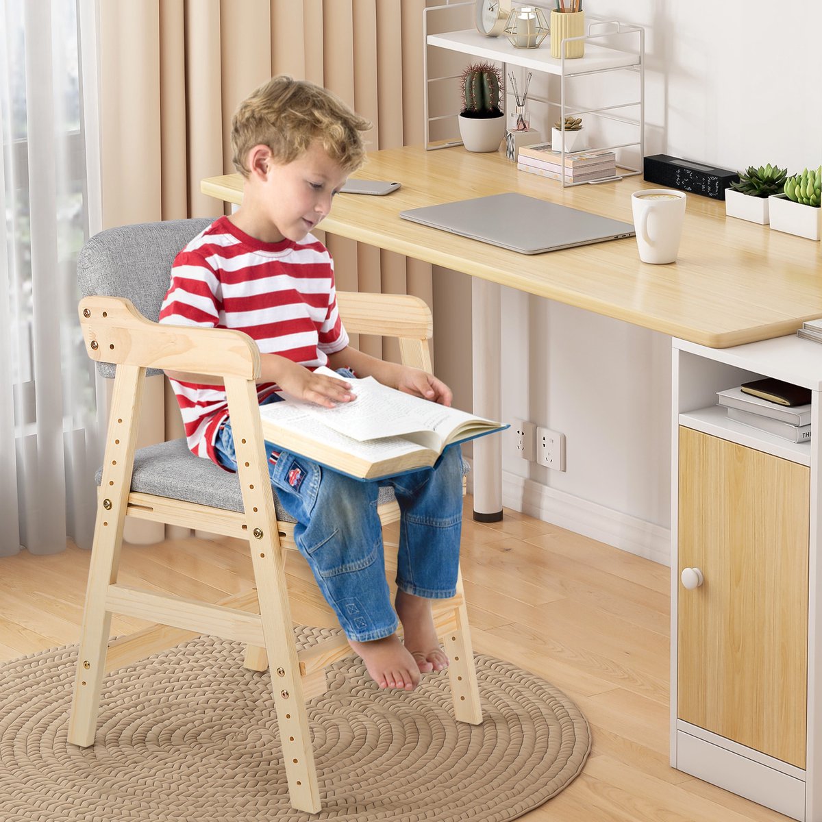 PIPIPOXER Kinderstoel in hoogte verstelbare houten voor kinderen van 2 tot 12 jaar, om te eten en te leren-Grijs thumbnail 2