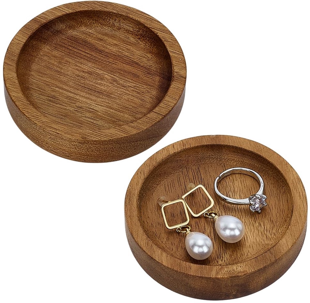2 STKS Acacia Houten Ring Trays 70mm Diameter Platte Ronde Houten Sieraden Platen Kameel Kleur Houten Trinket Schotel Tray Voor Ringen Kettingen Oorbel Sieraden Sleutels Kleine Items