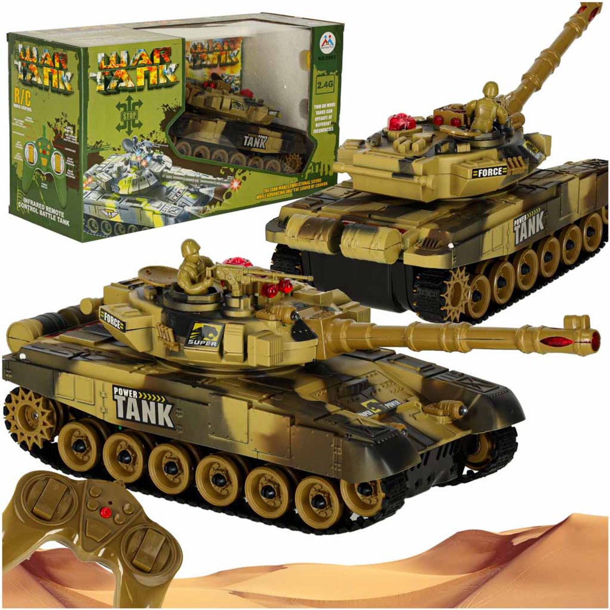 SF Militaire RC Tank – Bestuurbare Auto - Op Afstand Bestuurbare Gevechtstank – Realistische Terugslag, Geluid & Licht – 2,4GHz – 360° Torenrotatie – Schietfunctie – 34cm – Oplaadbaar + E-Book