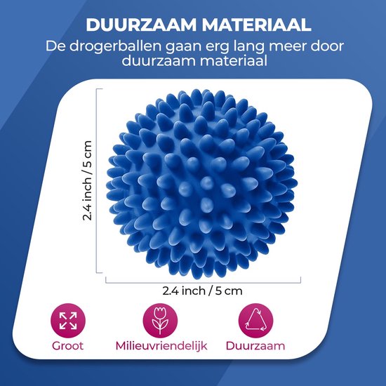 Une grande boule de séchage bleue à picots mesurant 5 cm / 2,4 pouces.