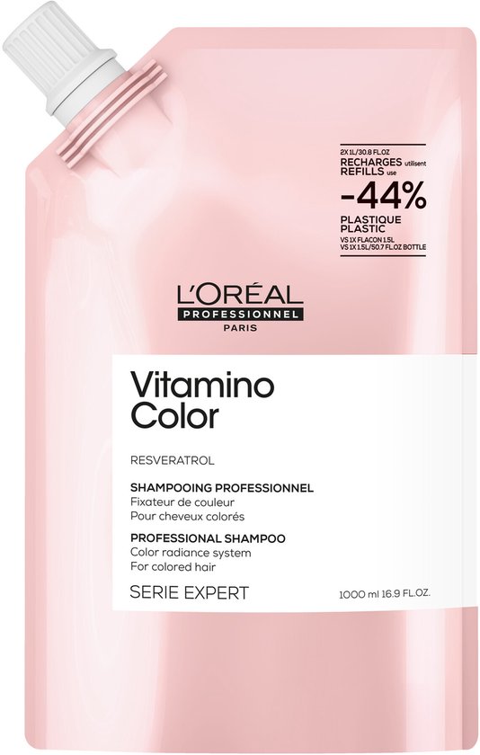 Roze L'Oréal Professionnel Vitamino Color Resveratrol shampoo navulverpakking met witte dop. Tekst: "-44% PLASTIEK"