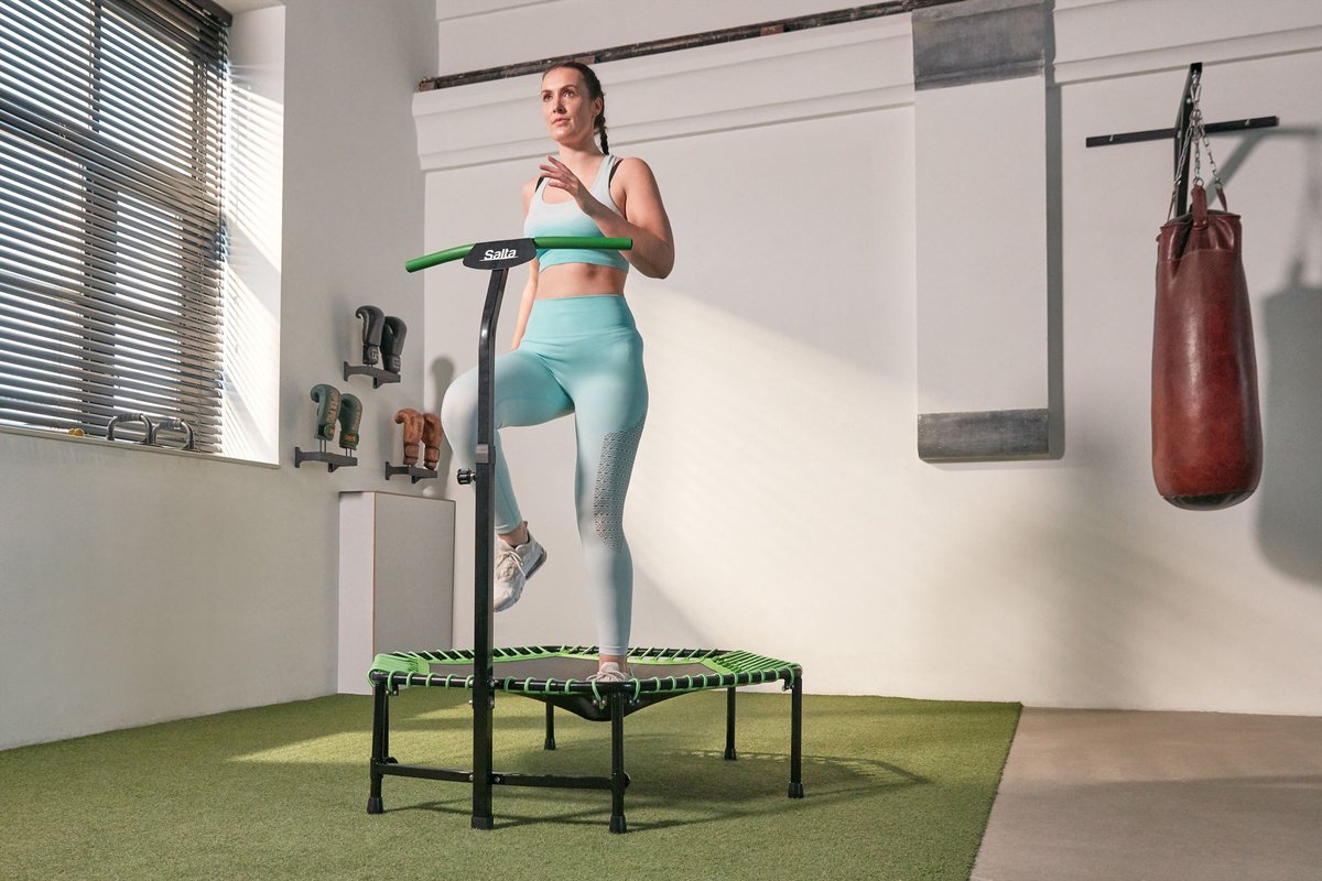 Salta Fitness - 128 cm - Belastbaar tot 110 kg - Fitness / sport trampoline met verstelbaar handvat - Elastieken veren, stevig frame - Mini trampoline volwassenen met handgreep in 5 hoogtes - Groen — afbeelding 12
