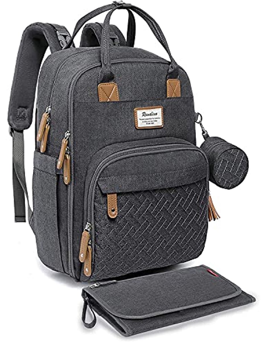 RUVALINO Babycommode Rugzak Luiertas Rugzak Met Draagbaar Verschoonkussen, Fopspeenhouder En Kinderwagenriemen, Babytas Multifunctioneel Voor Mama En Papa, Donker grijs