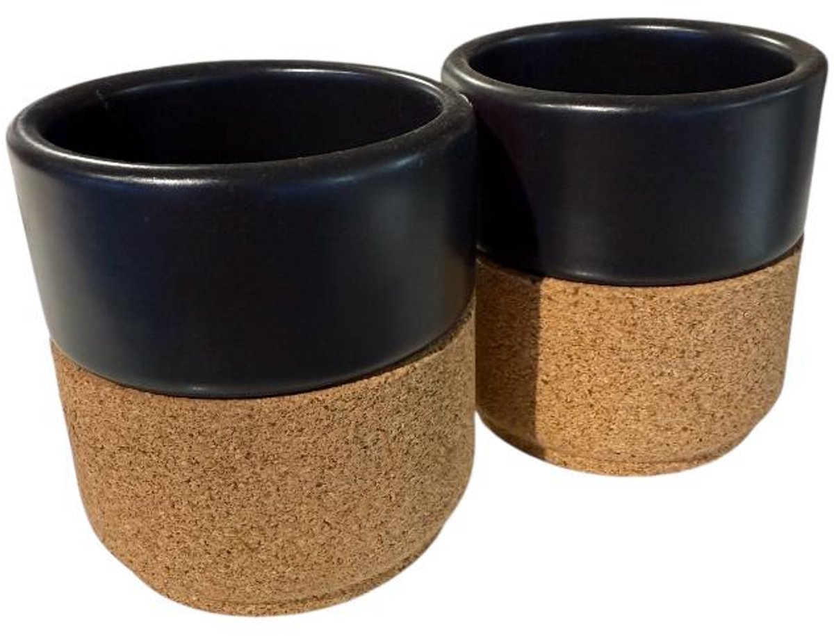 Alma Gemea | 2 stuks| Espresso kopje| Mat Zwart | Keramiek met kurk