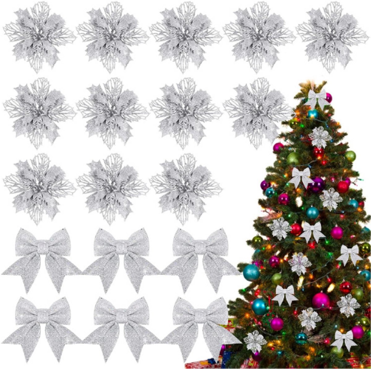 Kerst Glitter Bloemen Set - 12 Stuks Glanzende Kunstbloemen Met Strikken - Kerstboom Ornamenten - Sfeervolle Kerstdecoratie Voor Feest - Nieuwjaar En Bruiloft