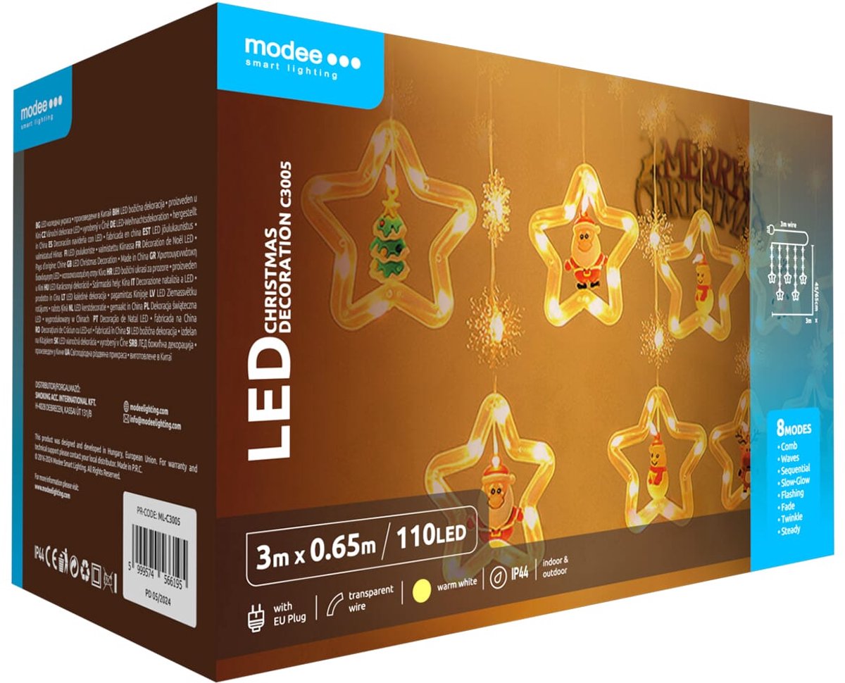 Modee Lichtsnoer Kerstdecoratie Sterretjes 3 Meter - Kerstverlichting voor Buiten en Binnen - 110 LED Lampjes - 8 Lichtstanden - IP44 - 2700K - Warm Wit Licht - Per stuk