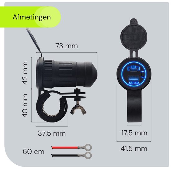 60W motorfiets USB-stopcontact 12V, IPX6 waterdicht oplader, met overlaad- en onderspanningsbeveiliging, QC 3.0 USB-A en PD 3.0 Type-C stopcontact voor 12V~24V motorfiets