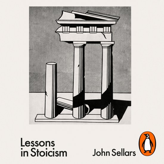 Couverture du livre "Lessons in Stoicism" par John Sellars, avec une illustration de colonnes grecques et d'une partie de bâtiment.