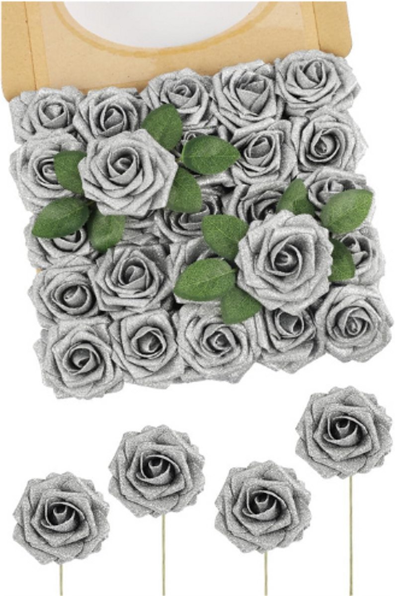 BOG Zilveren Kunstrozen Set - 25 Stuks Glitter Bloemen Met Steel - Luxe Kunstbloemen Voor Bruiloft - Tafeldecoratie - Feest - Babyshower En Interieurdecoratie silver