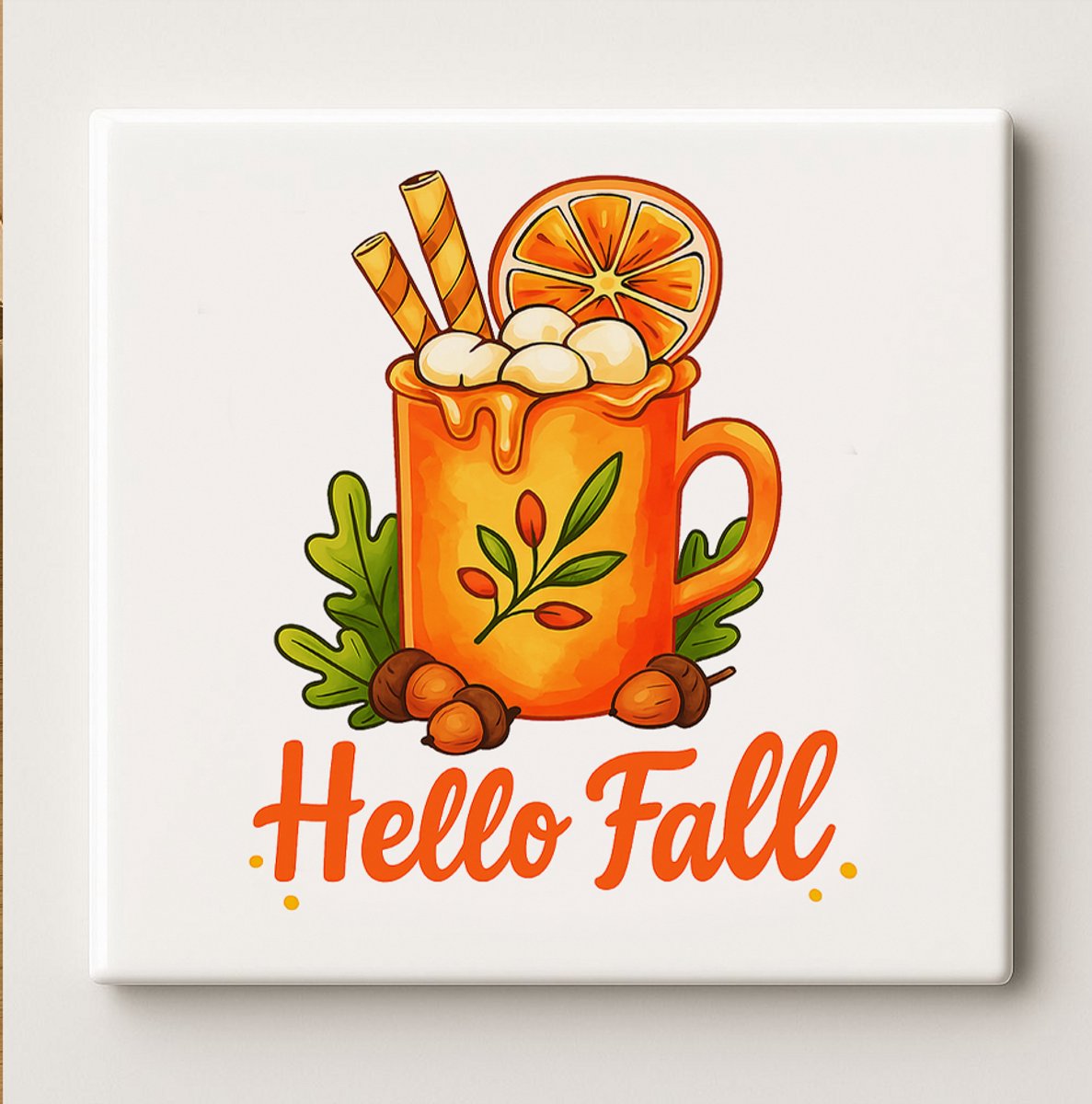 Herfst Koffiemok Tegel 15x15cm – “Hello Fall” Keramische Wanddecoratie met Gezellige Oranj