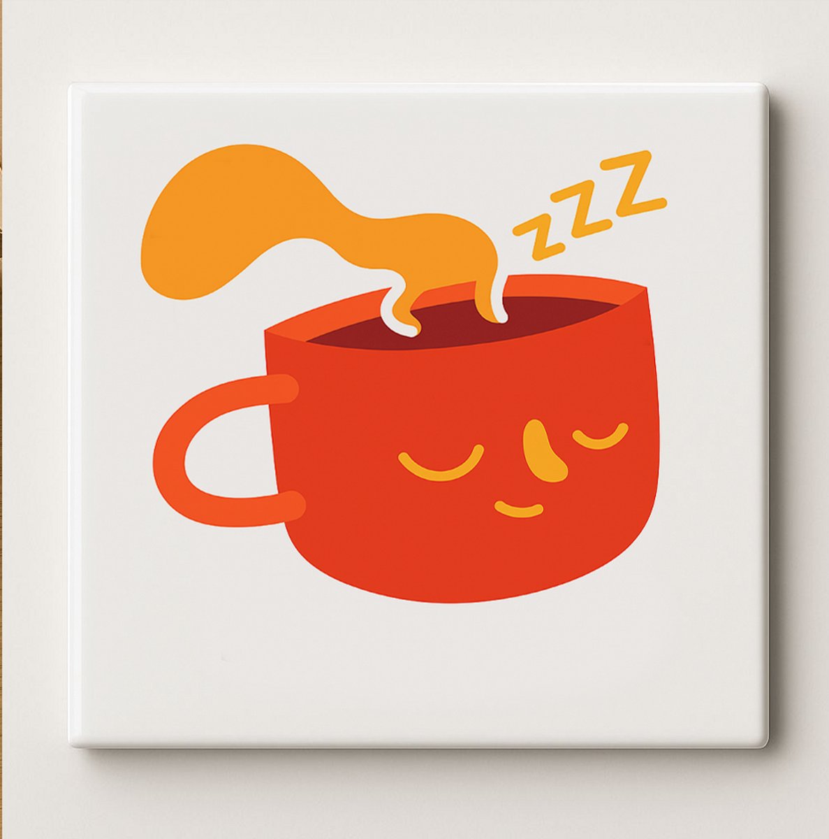 Nevolis Slaperige Koffiekop Tegel – 15x15cm Schattige Keramische Wanddecoratie | Ontspannende Keukendecoratie & Cadeau voor Koffieliefhebbers Multi Color