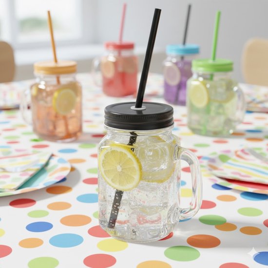10x stuks Glazen Mason Jar drinkbekers zwarte dop en rietje 500 ml - afsluitbaar/niet lekken/fruit shakes van Supremo. — afbeelding 2
