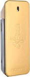 Gouden parfumflesje met zilveren zijkant en '1 Million' logo.