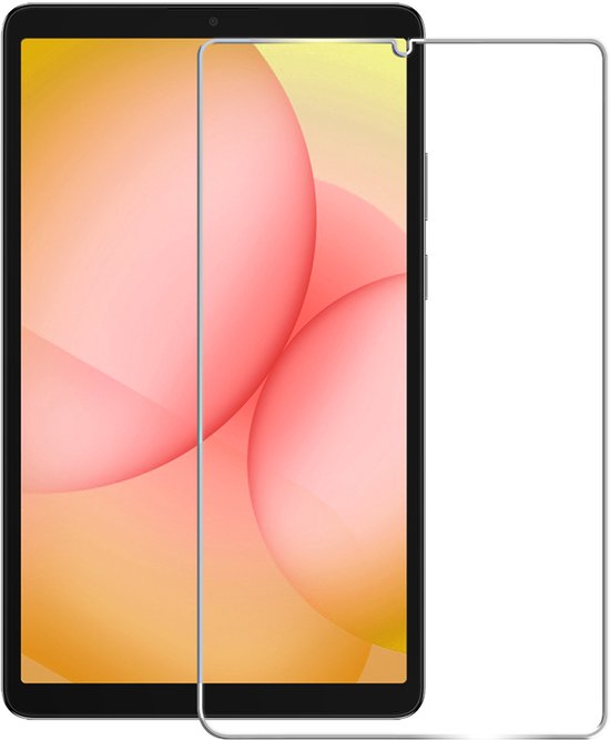 Screenprotector naast een tablet met een roze en gele achtergrond.