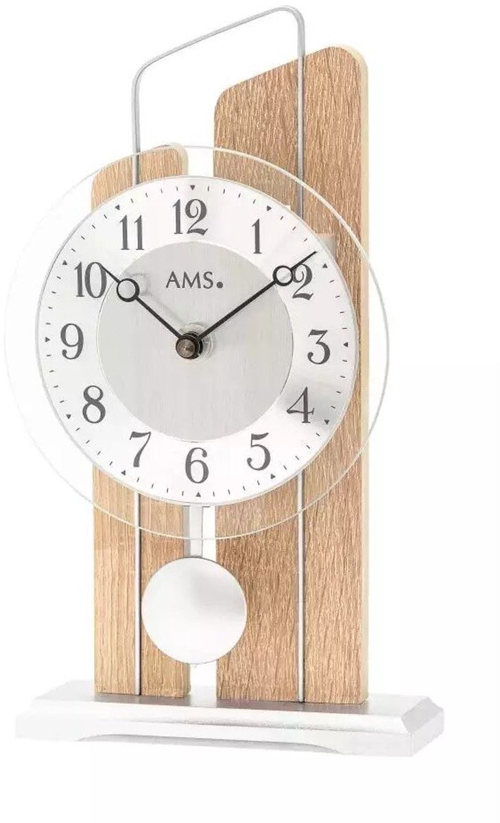 AMS 1261 - Tafelklok - Kwarts - 25x14cm met zilverkleurige slinger - in Sonoma hout uitvoering