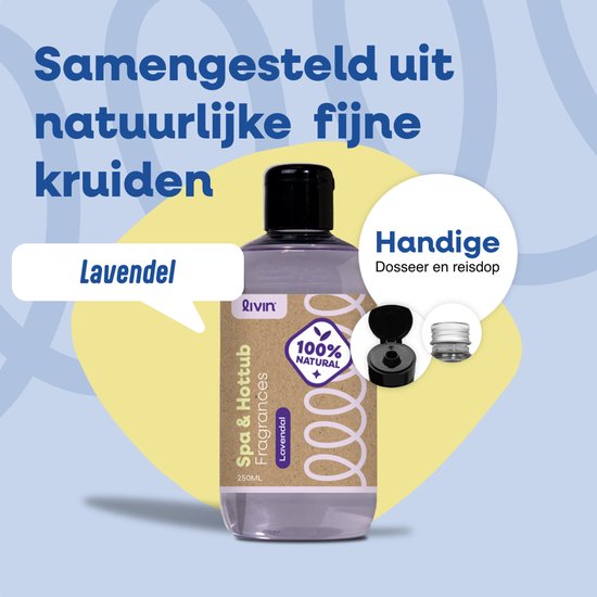 Fles lavendel spa geur met informatie over handige doseer- en reisdop.