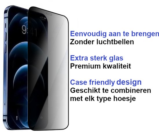 Telefoon met privacy screenprotector. De tekst 'Eenvoedig aan te brengen', 'Extra sterk glas', 'Case friendly design'.