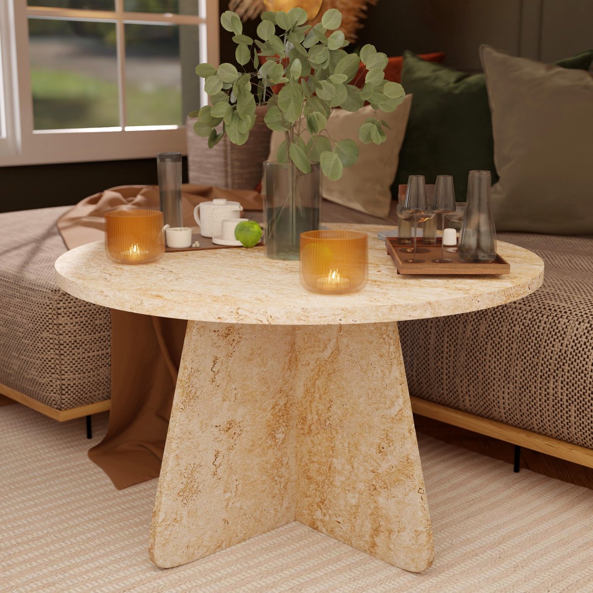 Ultimate Premium Product – Ronde Salontafel – Kleine Moderne Bijzettafel – Travertin Look – Voor Woonkamer – 72cm